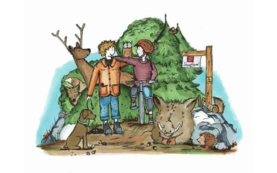 Zeichnung einer Waldsituation mit Tieren, Wanderer und Radfahrer